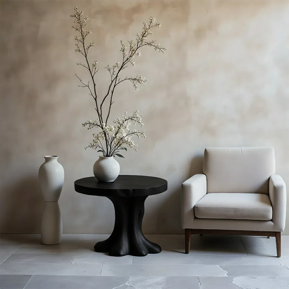 Minimal black tone accent table with curved base and clean design for modern interiors