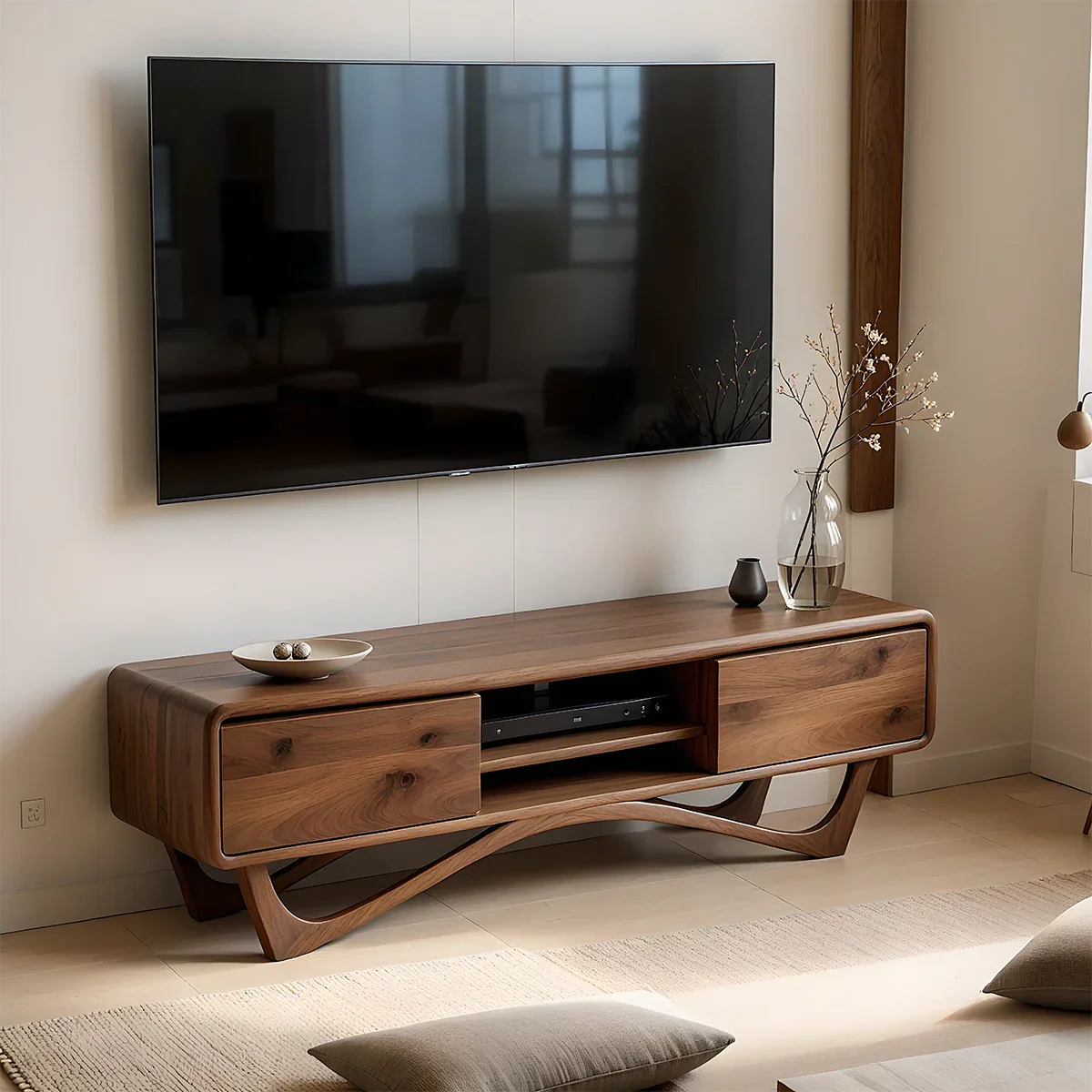 Walnut color TV stand with curved leg base and smooth storage design in a modern living room