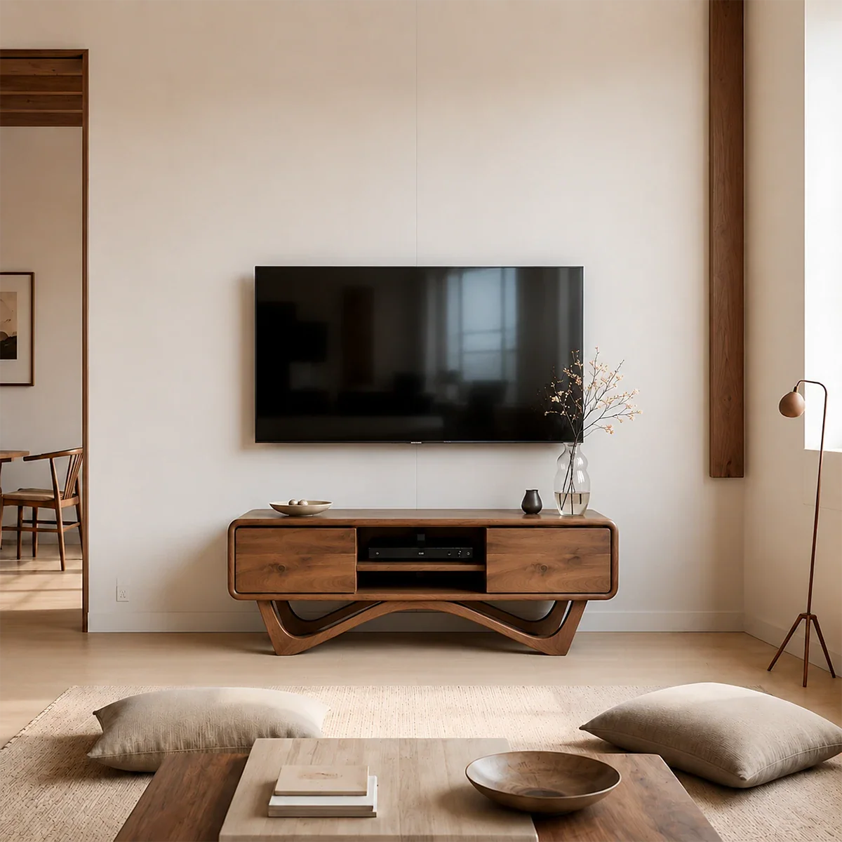 Solid Wood TV Stand with Angled Base Frame and Storage Compartments
