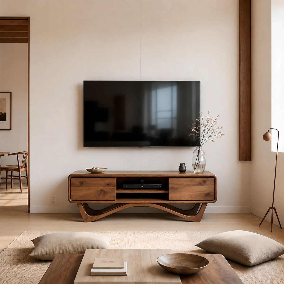 Solid Wood TV Stand with Angled Base Frame and Storage Compartments