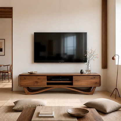 Solid Wood TV Stand with Angled Base Frame and Storage Compartments