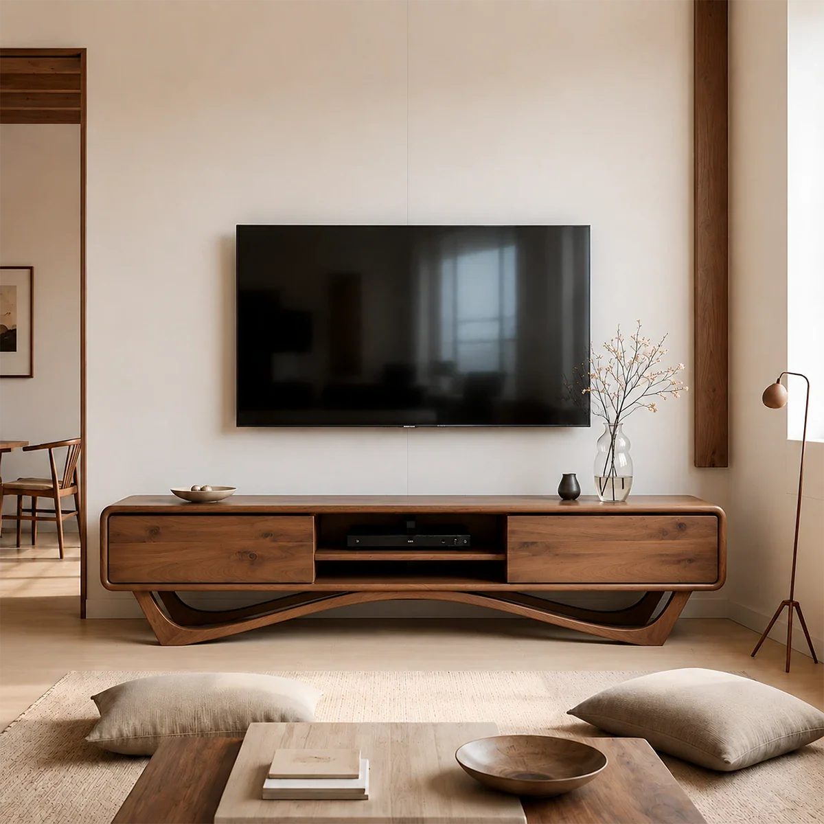 Solid Wood TV Stand with Angled Base Frame and Storage Compartments