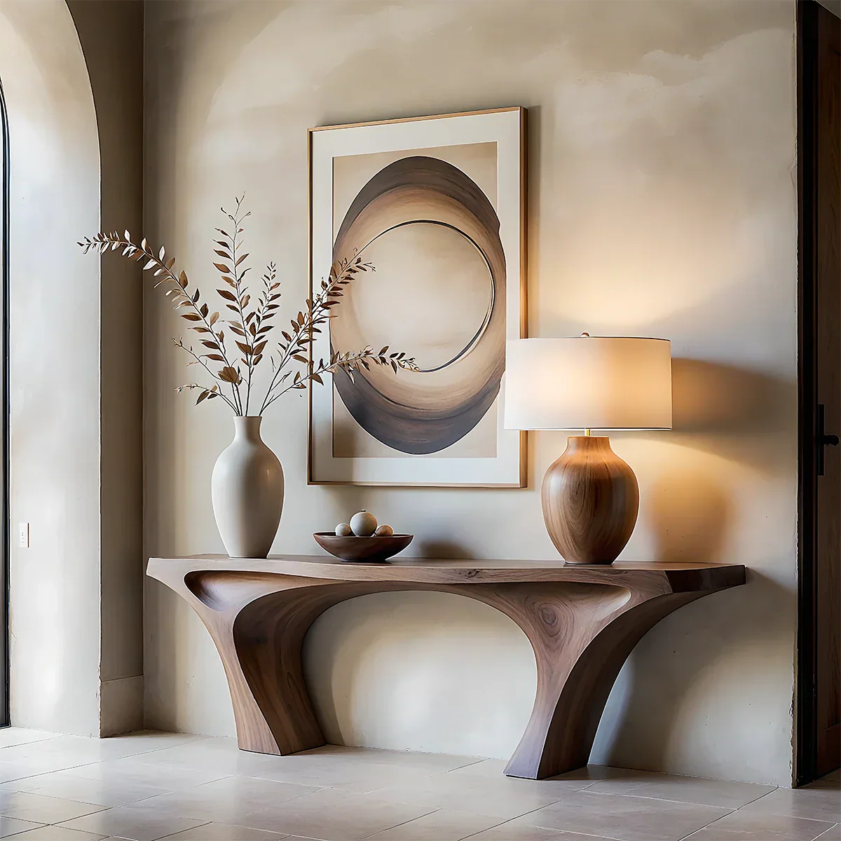 Walnut console table with dual arch base