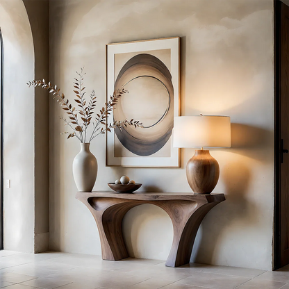 Contemporary Sculptural Console Table Natural Solid Wood Twin Arch Base