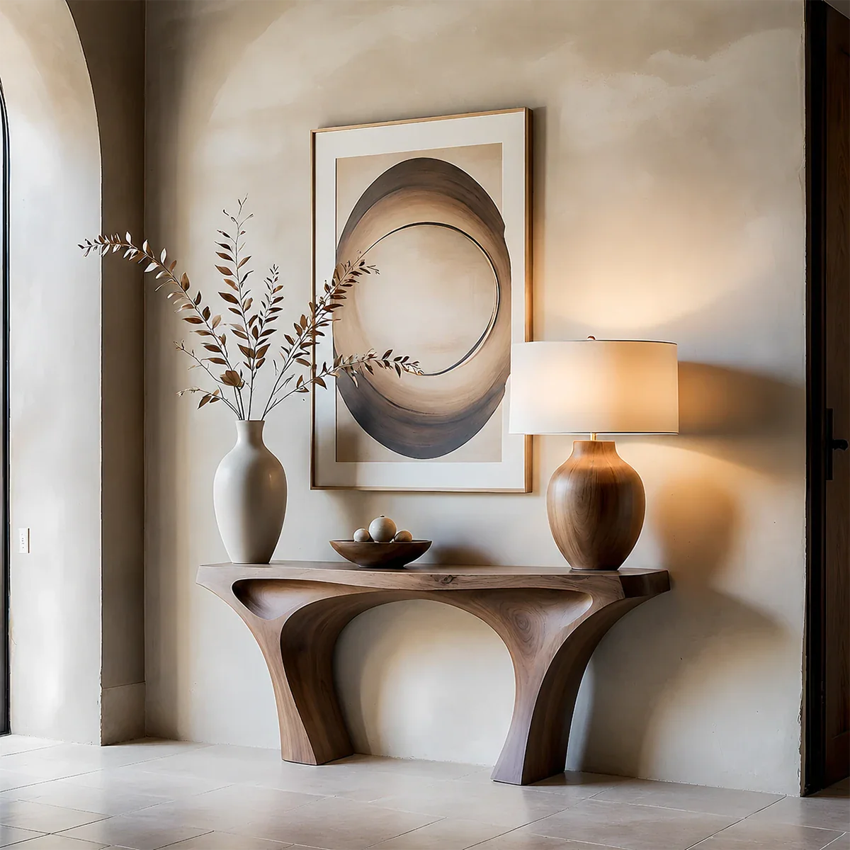 Contemporary Sculptural Console Table Natural Solid Wood Twin Arch Base