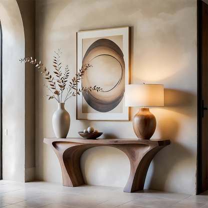 Contemporary Sculptural Console Table Natural Solid Wood Twin Arch Base