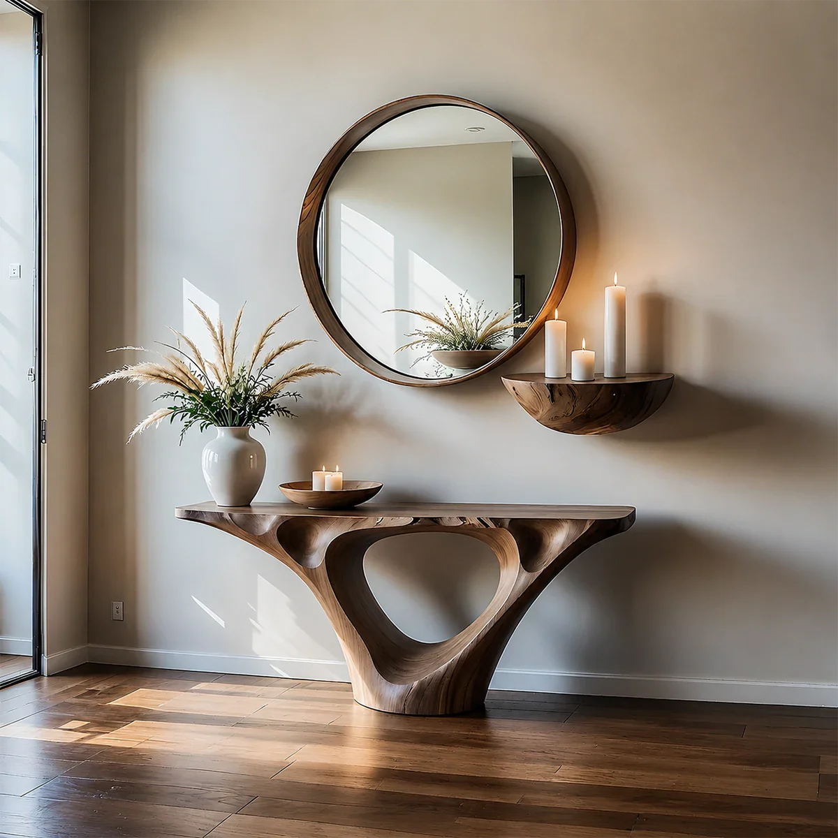 Natural Solid Wood Entryway Console Table Sculptural Hollow Arch Base