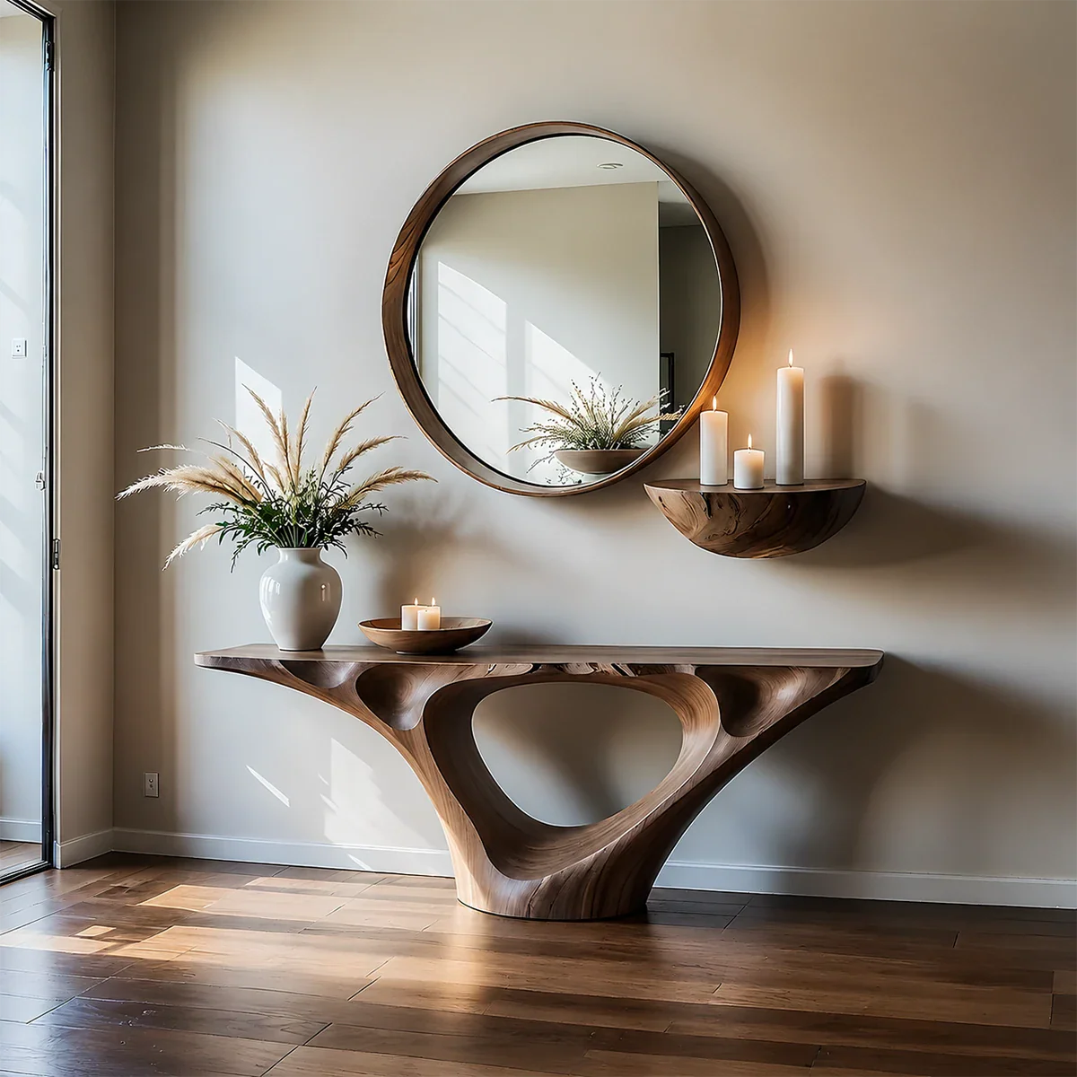 Natural Solid Wood Entryway Console Table Sculptural Hollow Arch Base