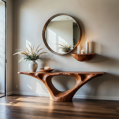 Minimal walnut console table with organic hollow structure