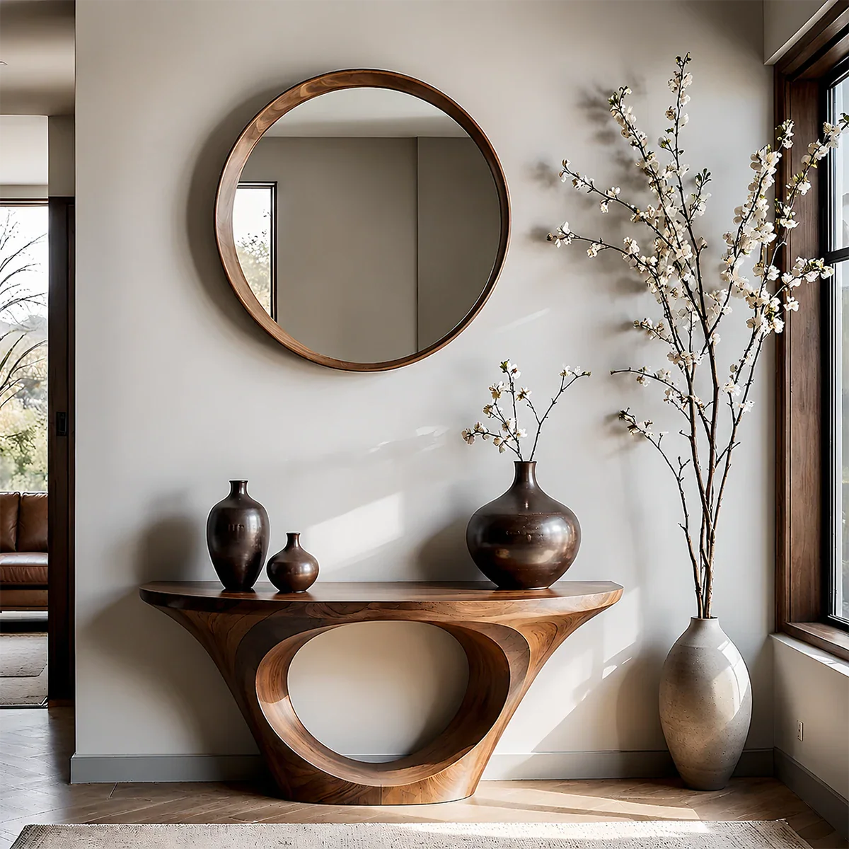 Modern Entryway Console Table Natural Solid Wood Sculptural Oval Hollow Base