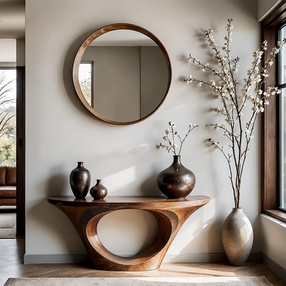 Modern Entryway Console Table Natural Solid Wood Sculptural Oval Hollow Base