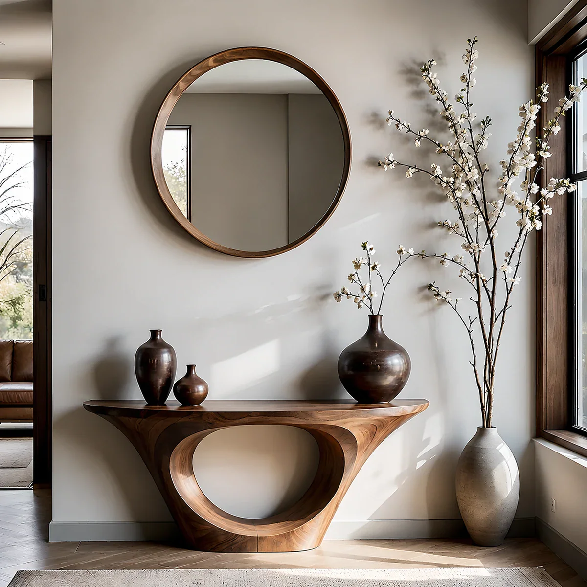 Modern Entryway Console Table Natural Solid Wood Sculptural Oval Hollow Base