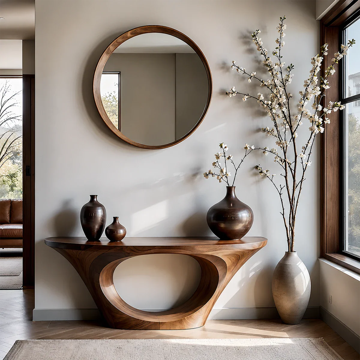 Modern Entryway Console Table Natural Solid Wood Sculptural Oval Hollow Base
