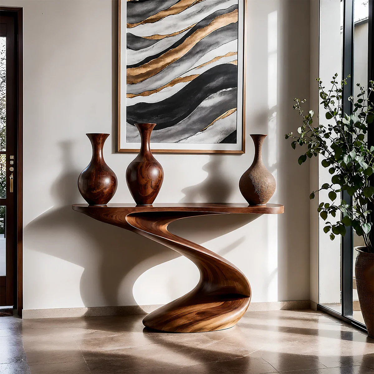 Artistic Curved Console Table Natural Solid Wood Entryway S Curve Base