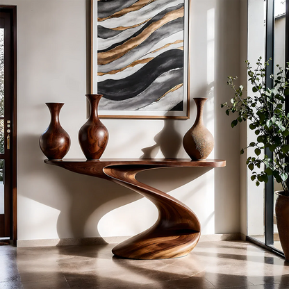 Artistic Curved Console Table Natural Solid Wood Entryway S Curve Base