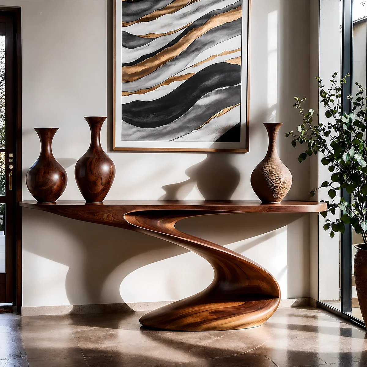 Artistic Curved Console Table Natural Solid Wood Entryway S Curve Base