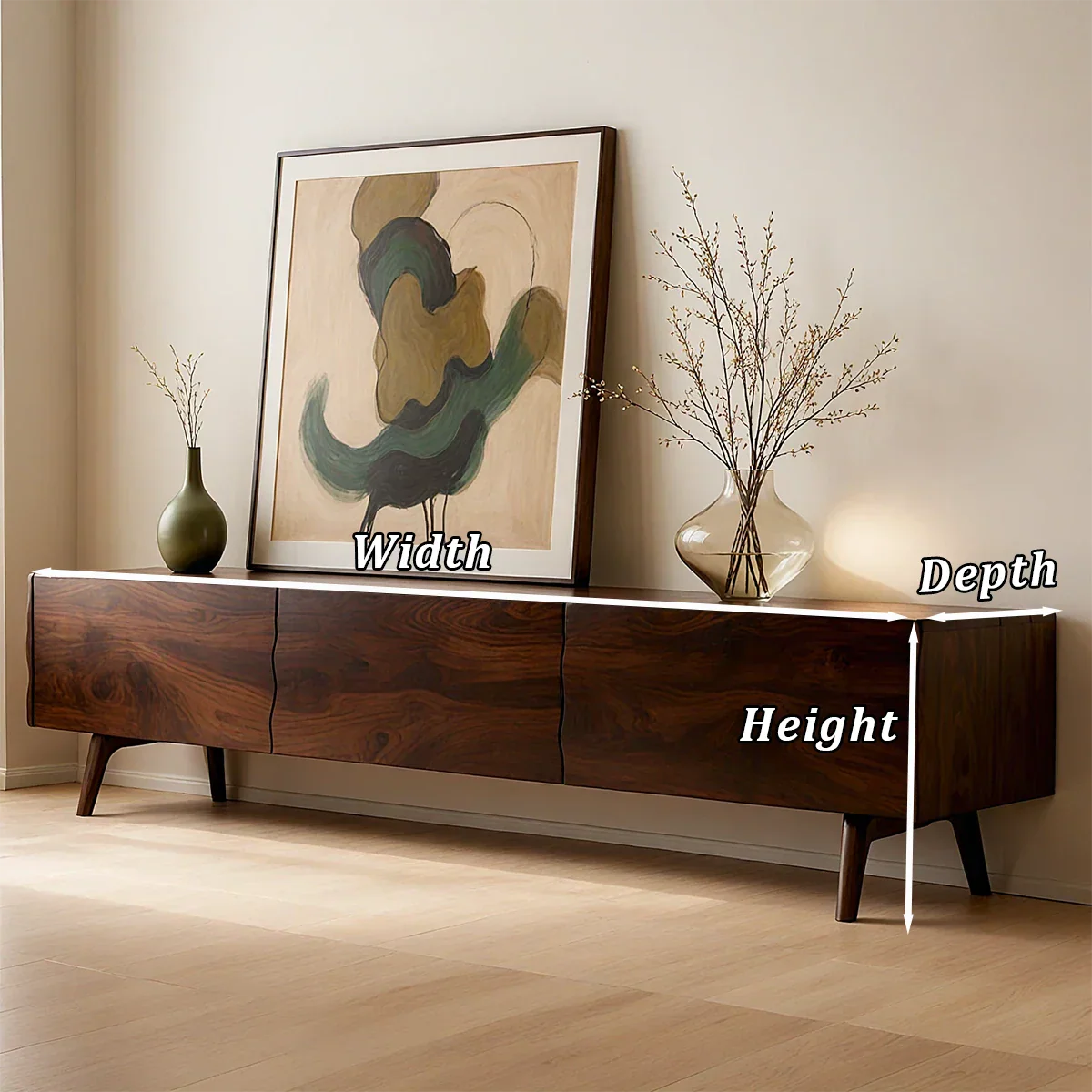 Walnut finish TV stand with low profile design and natural grain visual in a bright space