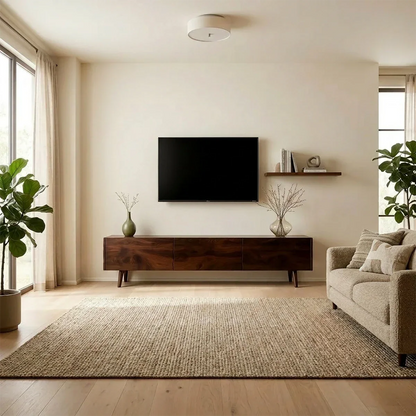 Modern TV stand in walnut finish with flowing grain pattern and low profile in a bright interior