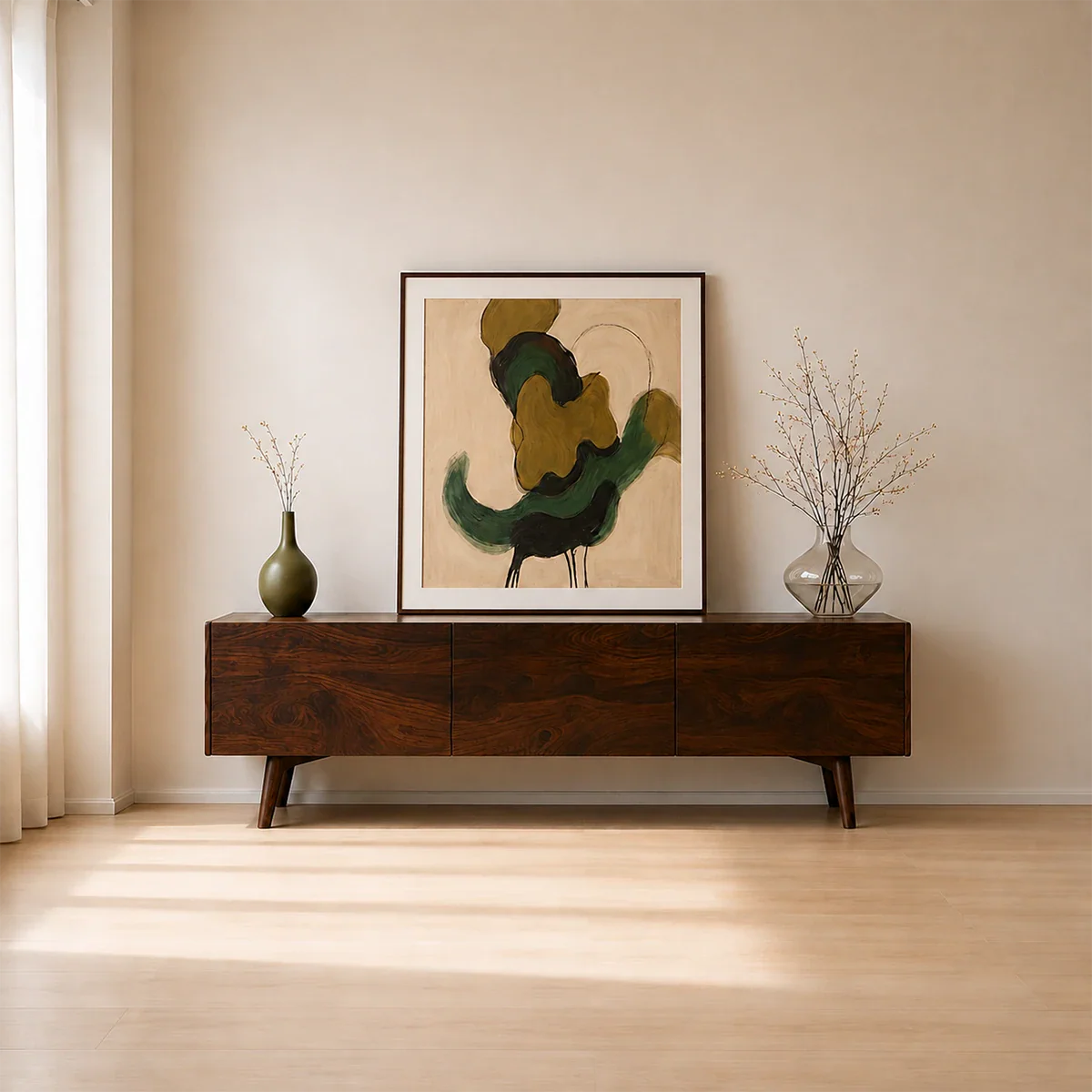 Modern Sculptural TV Stand Solid Wood Media Console Storage Unit