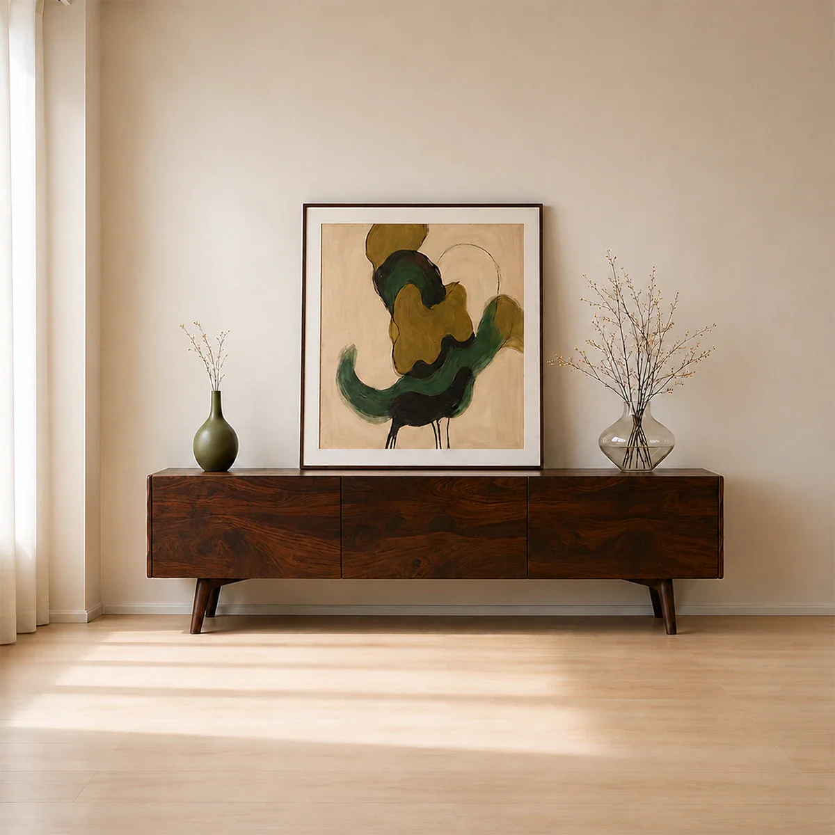 Modern Sculptural TV Stand Solid Wood Media Console Storage Unit