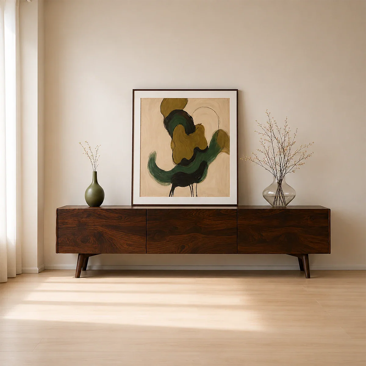 Modern Sculptural TV Stand Solid Wood Media Console Storage Unit