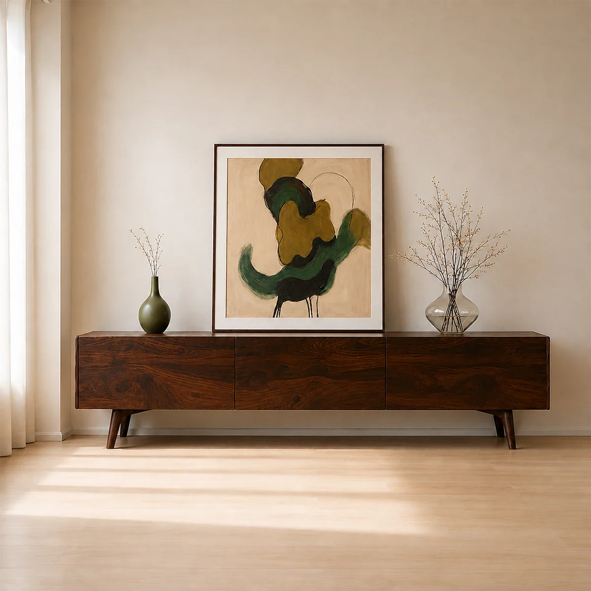 Modern Sculptural TV Stand Solid Wood Media Console Storage Unit