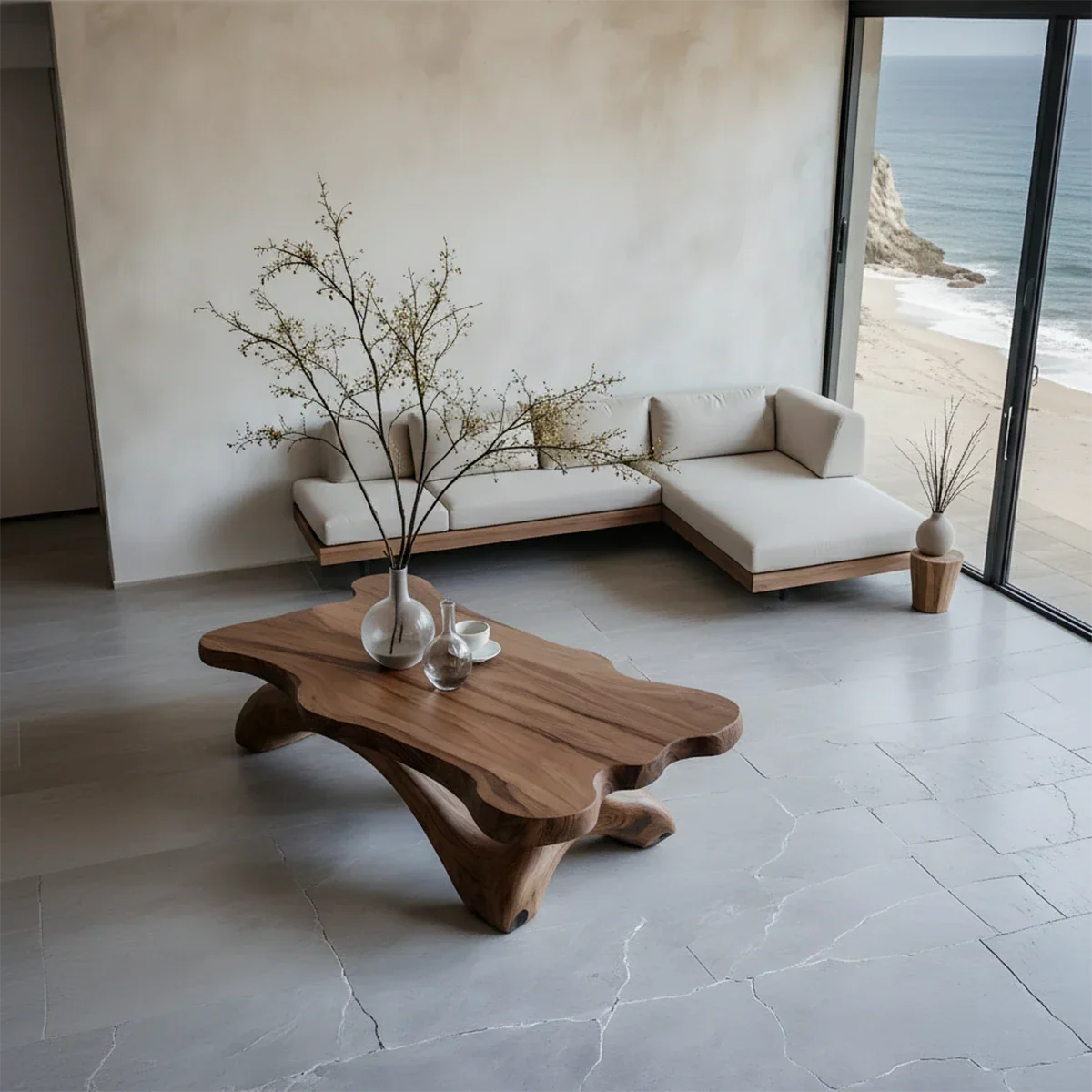 Walnut style coffee table with sculptural curved base and seamless top in a soft neutral home interior