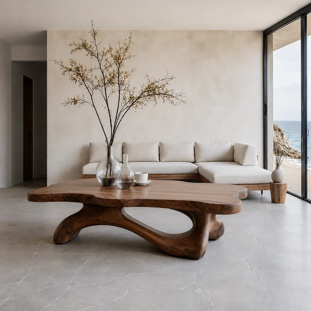 Solid Wood Coffee Table with Live Edge Top and Sculptural Base