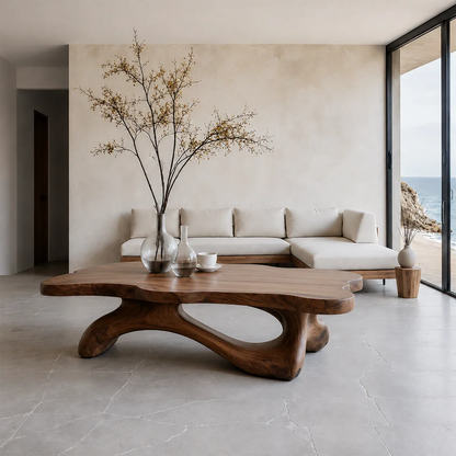 Solid Wood Coffee Table with Live Edge Top and Sculptural Base