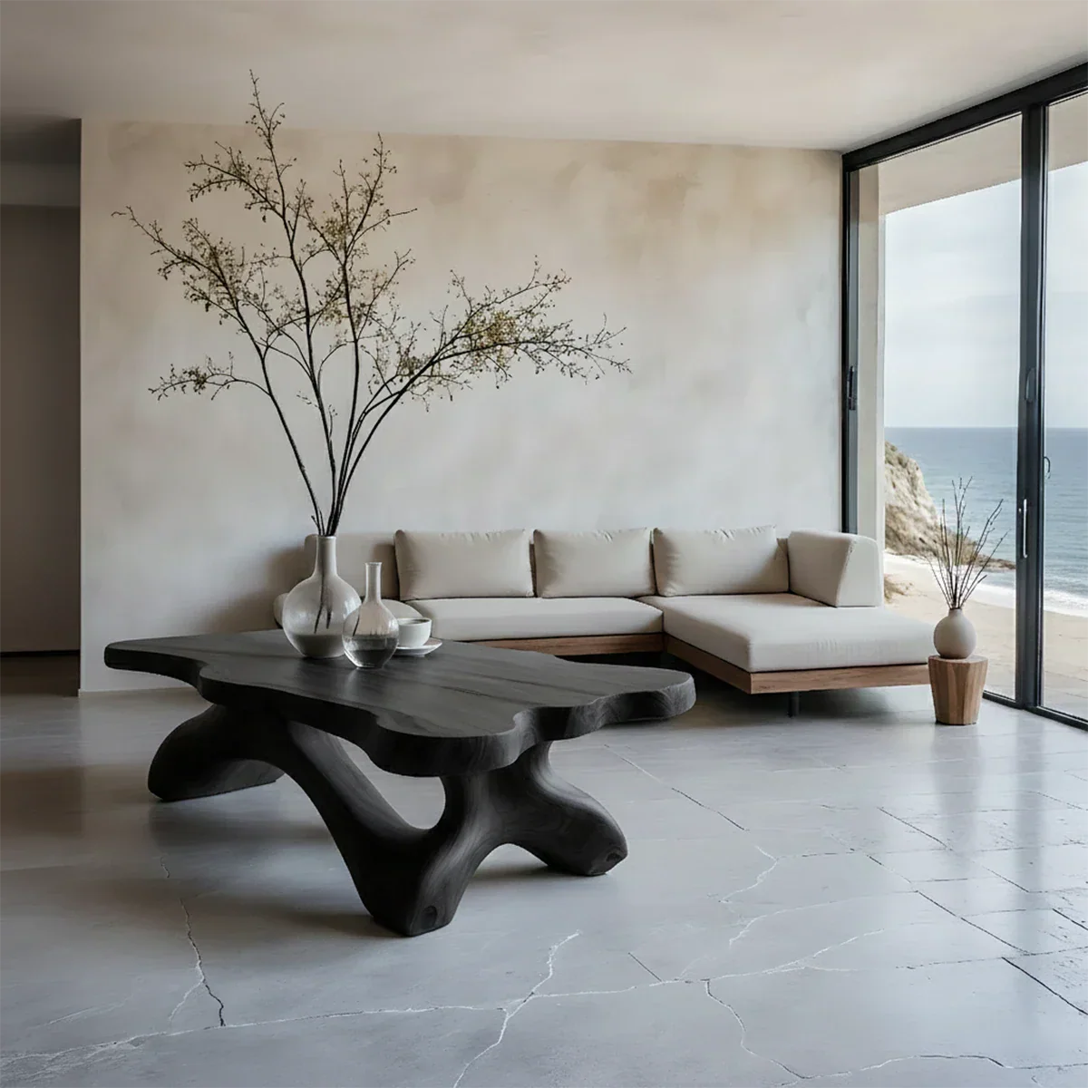 Black style coffee table with organic silhouette and smooth surface in a minimalist styled living room