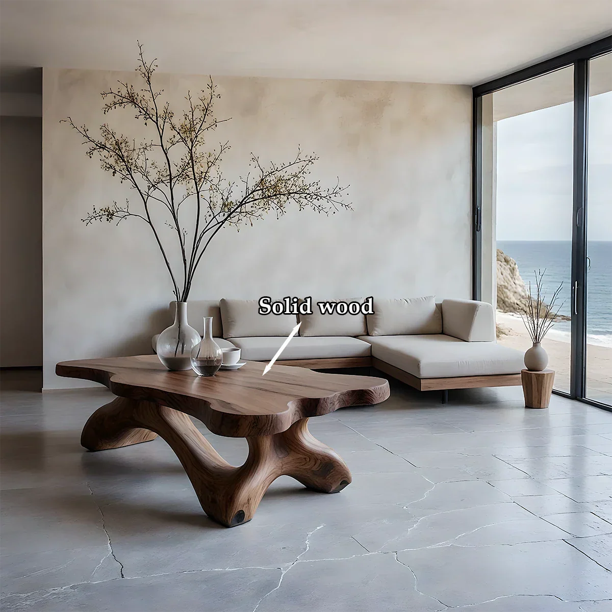 Coffee table in walnut style with artistic base design and soft curves in a bright modern interior space