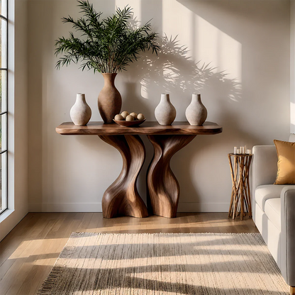 Console Table Natural Solid Wood Sculptural Twisted Twin Pedestal
