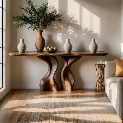 Console Table Natural Solid Wood Sculptural Twisted Twin Pedestal