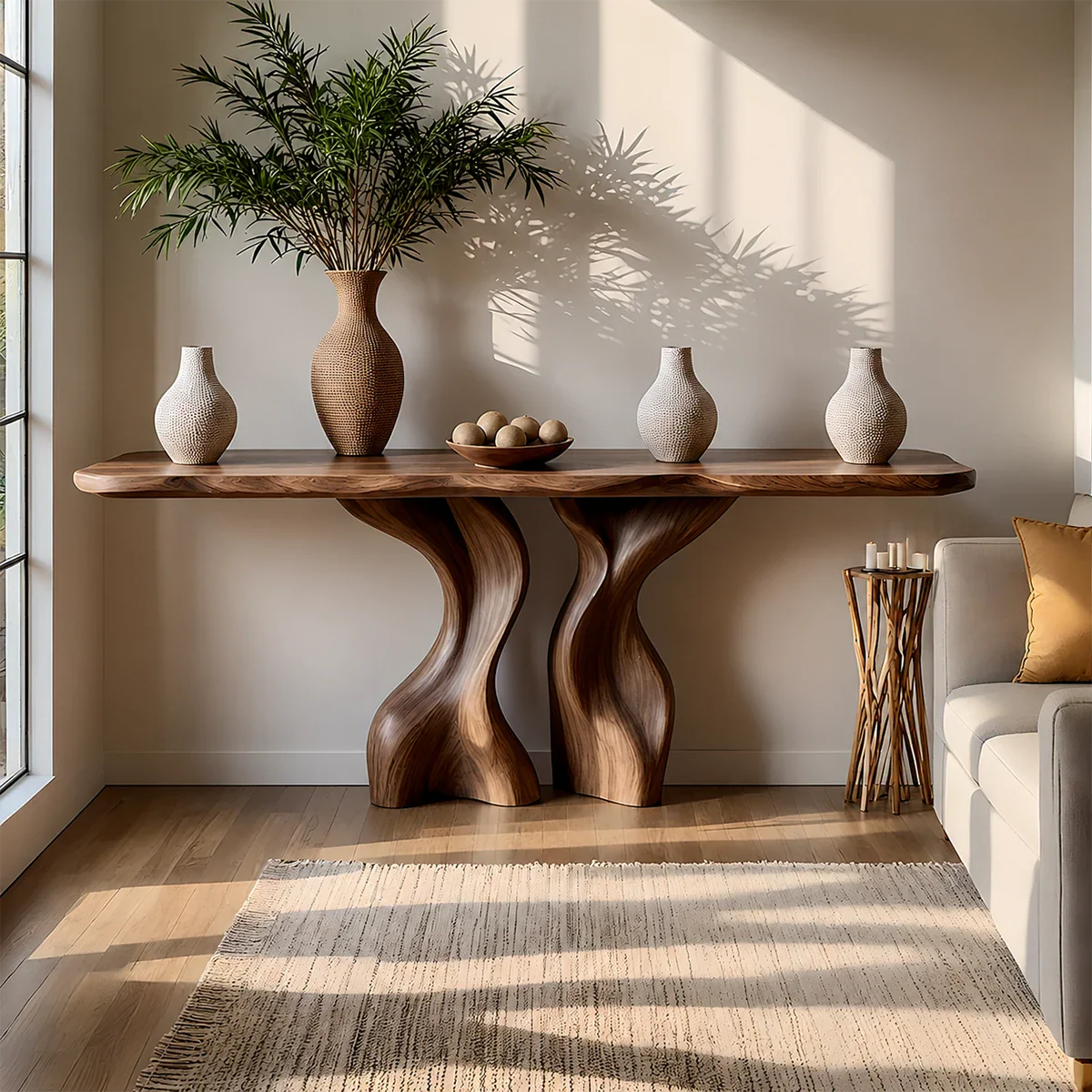 Console Table Natural Solid Wood Sculptural Twisted Twin Pedestal