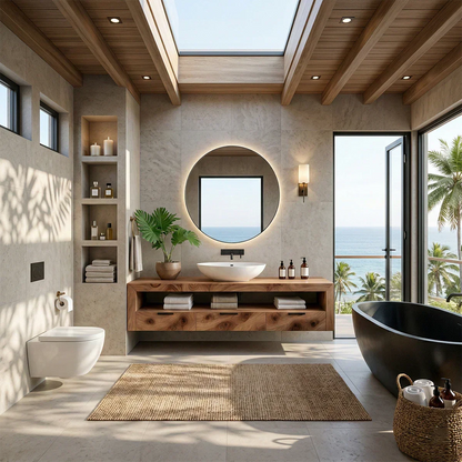 Elegant minimalist bathroom design with walnut floating bathroom vanity and open shelf storage.