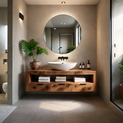 Minimalist Floating Bathroom Vanity Natural Solid Wood Natural Finish