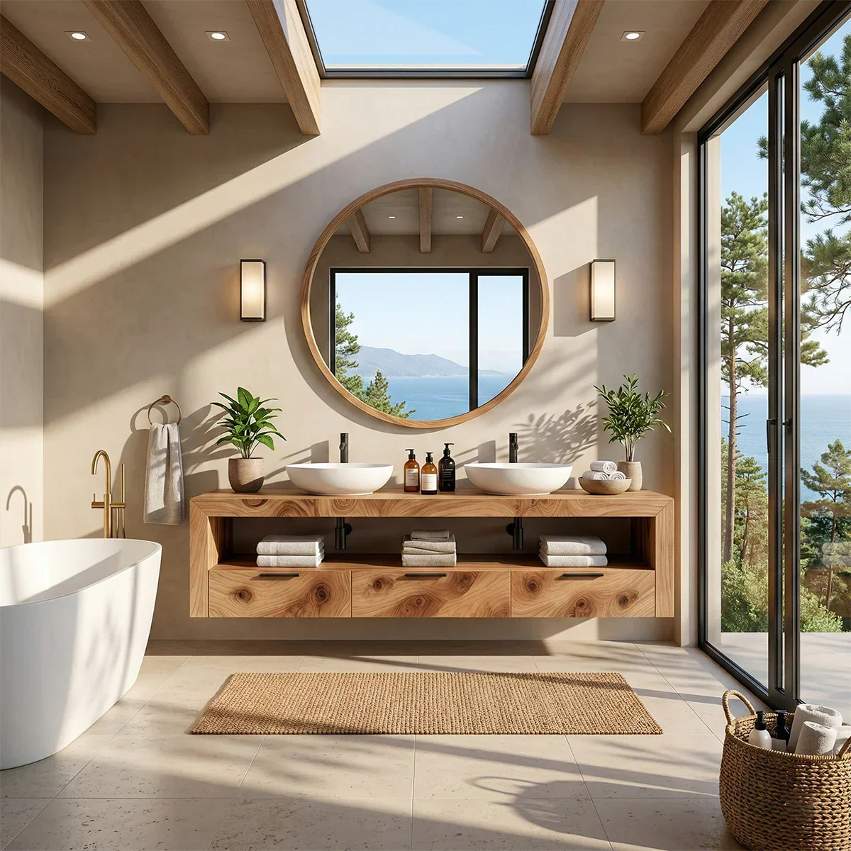Contemporary bathroom space with walnut floating bathroom vanity, round mirror, and vessel basin.