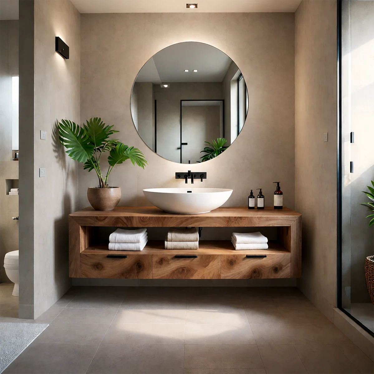 Minimalist Floating Bathroom Vanity Natural Solid Wood Natural Finish