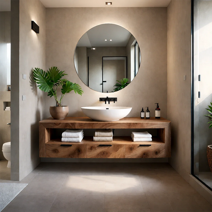 Minimalist Floating Bathroom Vanity Natural Solid Wood Natural Finish