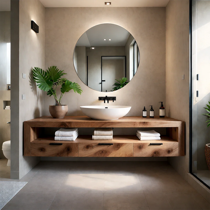 Minimalist Floating Bathroom Vanity Natural Solid Wood Natural Finish