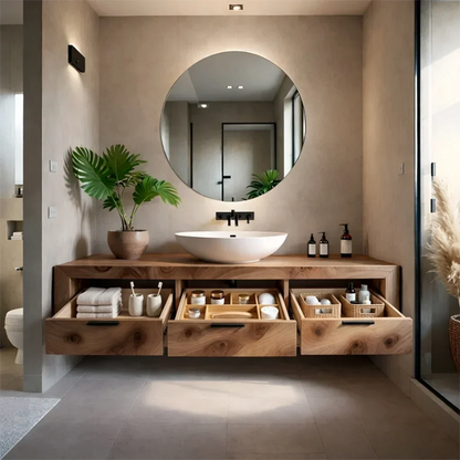 Minimalist bathroom featuring walnut floating bathroom vanity with open shelving and vessel sink.