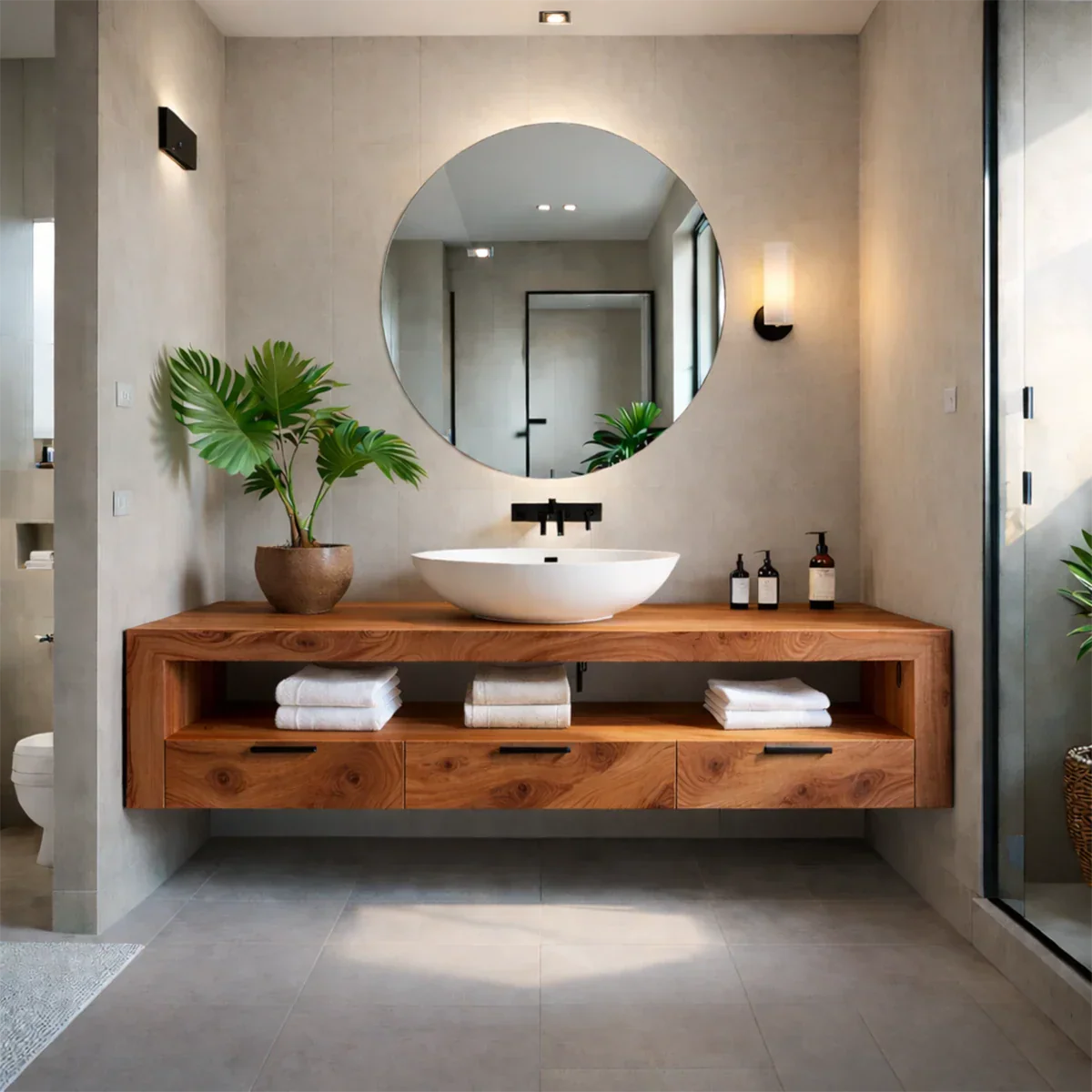 Contemporary spa-style bathroom with walnut floating bathroom vanity and modern black faucet.