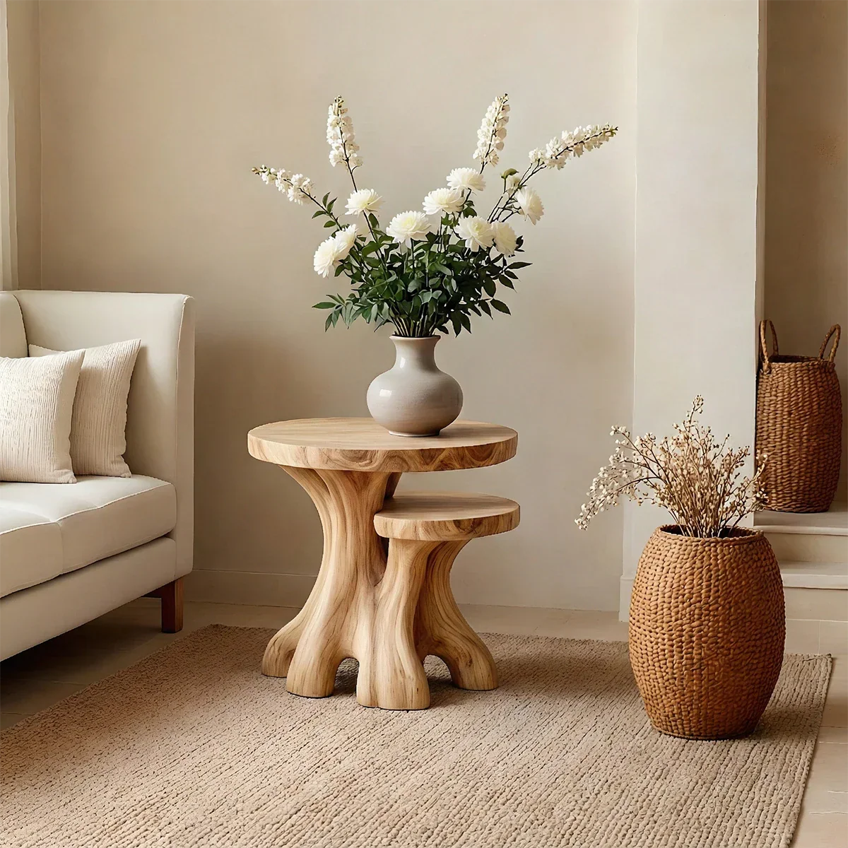 In a cozy interior, the oak color end table highlights a smooth surface and modern style