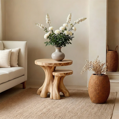 In a cozy interior, the oak color end table highlights a smooth surface and modern style