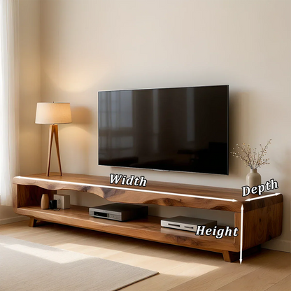 Warm brown TV stand with open shelf storage and clean modern design in a calm interior
