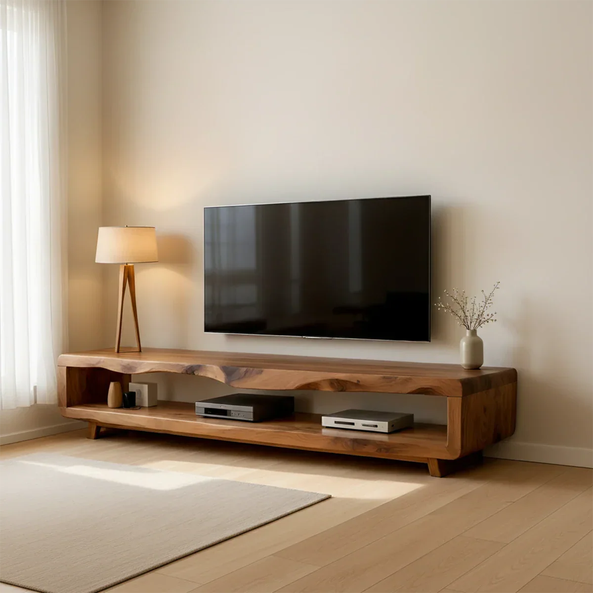 Warm brown TV stand with subtle grain texture and open storage in a minimalist living space