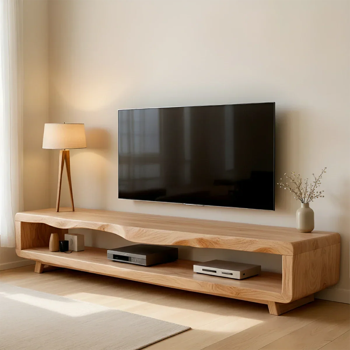 Modern TV stand with warm oak tone and organic texture in a cozy interior space