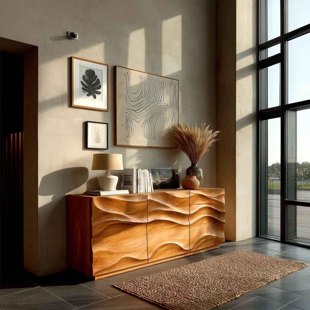 Modern wave sideboard cabinet with sculpted storage doors and refined contemporary styling