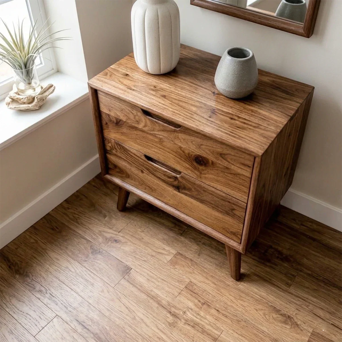 Functional bedside storage unit designed with natural grain look and walnut tone finish