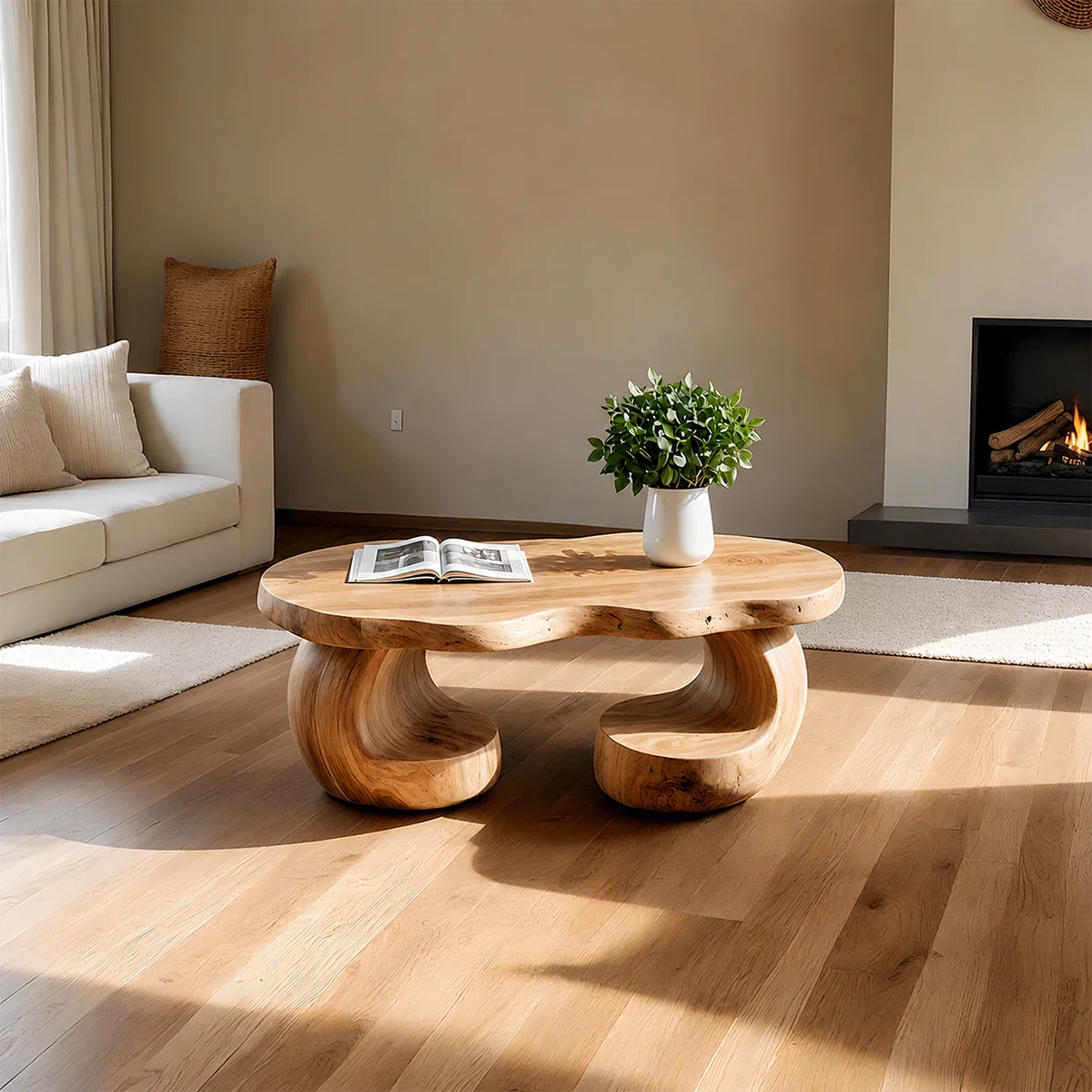 Curved Sculptural Coffee Table – Solid Wood Artistic Design for Interior Spaces